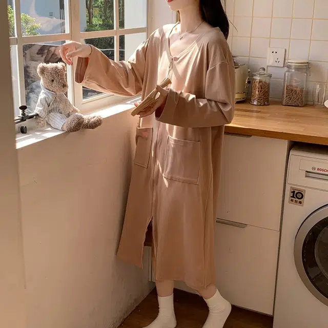 静英鸾 德绒长袖长裙圆领拉链纯色简约舒适家居服秋冬季保暖套装 女款