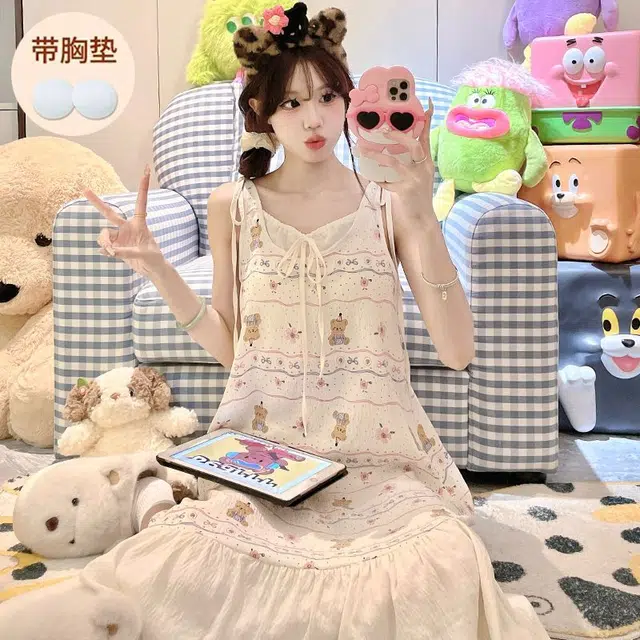 静英鸾 夏季女舒适简约卡通小熊图案吊带家居服睡衣礼盒 女款