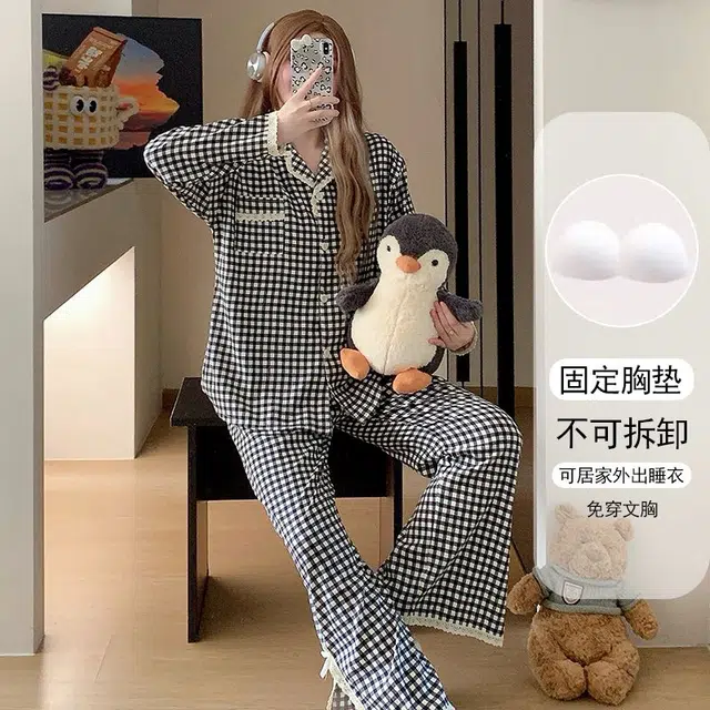 静英鸾 透气长袖舒适可外穿轻便格子家居服睡衣套装 女款