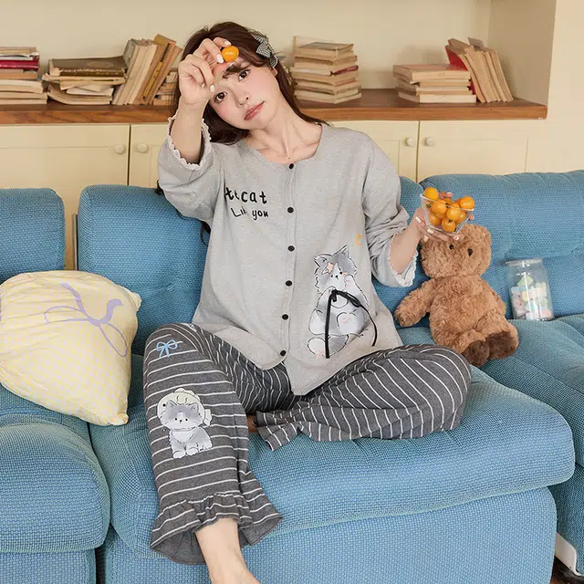 静英鸾 春秋季简约可爱卡通蝴蝶结小猫休闲亲肤舒适家居服睡衣套装 女款