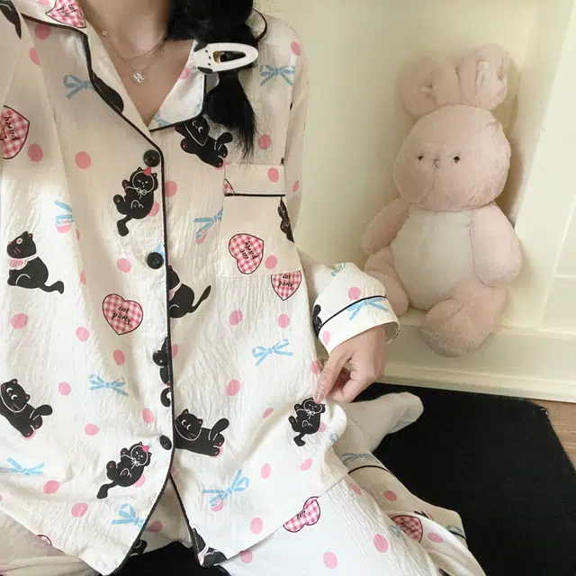 静英鸾 云朵棉长袖长裤翻领开衫卡通爱心小黑猫家居服秋冬季睡衣套装 女款