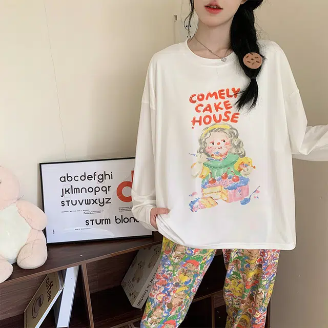 静英鸾 棉质带胸垫长袖长裤圆领套头卡通甜美花朵家居服秋冬季睡衣套装 女款