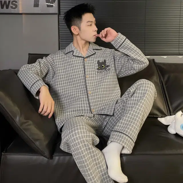 静英鸾 休闲时尚简约格子可爱卡通亲肤保暖舒适可外穿家居服睡衣套装 男款