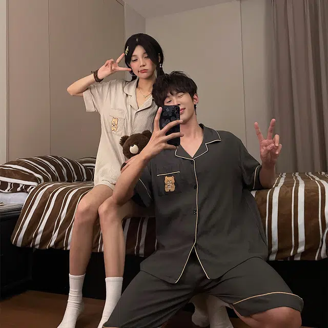 静英鸾 家居情侣休闲风格可外穿三件套服睡衣套装 男女同款