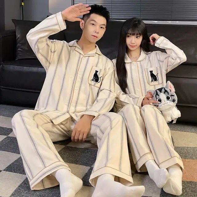 静英鸾 翻领条纹卡通动物甜美风休闲舒适家居服睡衣套装 男女同款