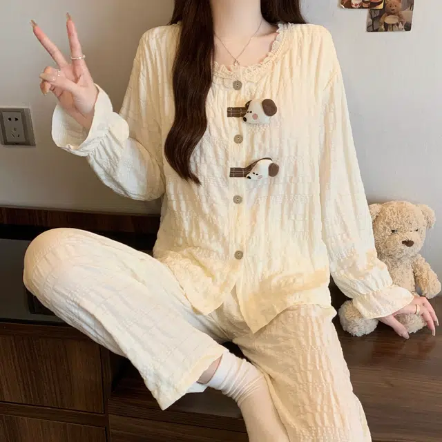 静英鸾 家居女舒适简约休闲风圆领花边设计长袖长裤服睡衣礼盒 女款