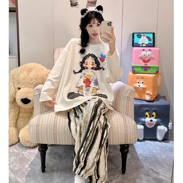 静英鸾 仿棉圆领套头长袖长裤可爱卡通小女孩条纹休闲家居服春秋季睡衣套装 女款