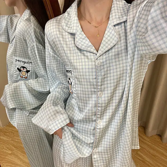 静英鸾 家居女休闲舒适简约翻领设计格子卡通企鹅图案服睡衣礼盒 女款