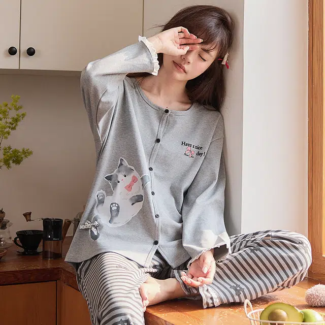 静英鸾 春秋季简约甜美可爱卡通蝴蝶结小猫休闲亲肤舒适家居服睡衣套装 女款
