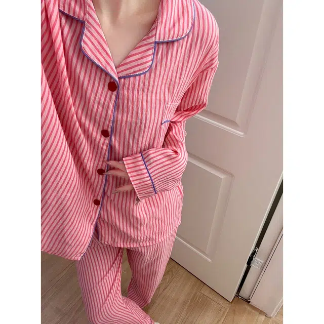 静英鸾 简约粉条纹小兔休闲风格舒适长袖家居服睡衣套装 女款