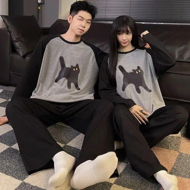 静英鸾 卡通小猫简约风休闲舒适长袖长裤家居服睡衣套装 男女同款