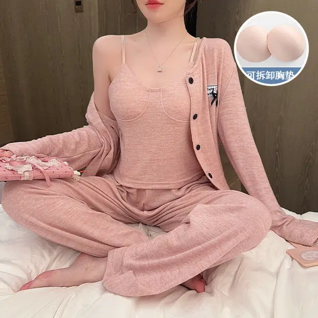 静英鸾 棉质羊绒长袖吊带长裤开衫纯色简约甜美家居服秋冬季睡衣套装 女款