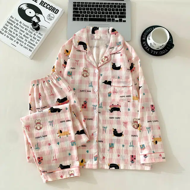 静英鸾 斑点狗满印翻领设计简约舒适可外穿家居服睡衣套装 女款