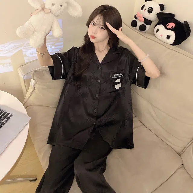 静英鸾 翻领卡通熊猫简约风休闲舒适三件套家居服睡衣套装 女款