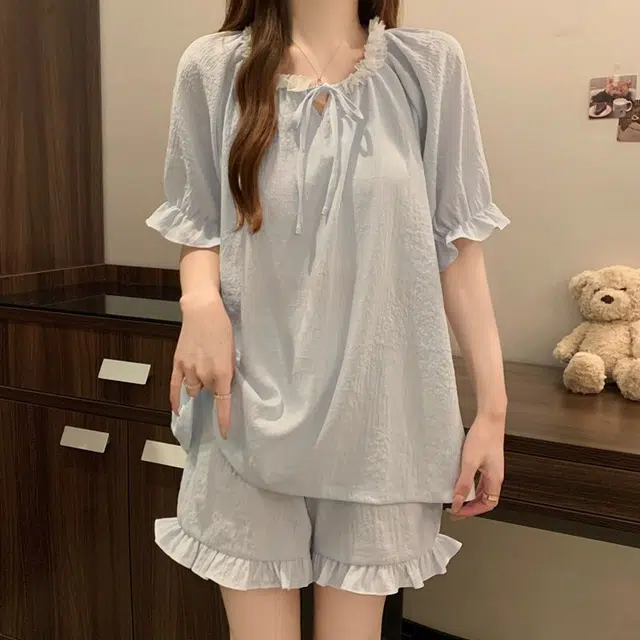 静英鸾 休闲舒适简约透气宽松圆领花边设计家居服睡衣套装 女款