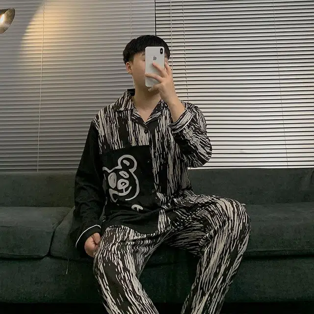 静英鸾 棉质长袖长裤翻领开衫卡通条纹小熊情侣休闲家居服秋冬季睡衣套装 男女同款