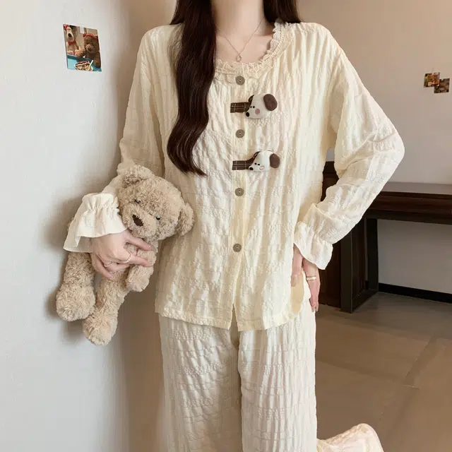 静英鸾 家居女舒适简约休闲风圆领花边设计长袖长裤服睡衣礼盒 女款