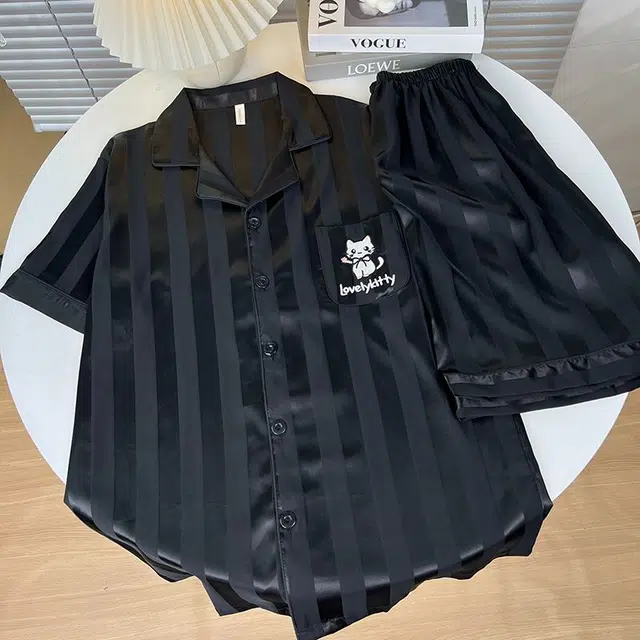 静英鸾 夏季男简约休闲风短袖条纹卡通小猫图案家居服睡衣礼盒 男款