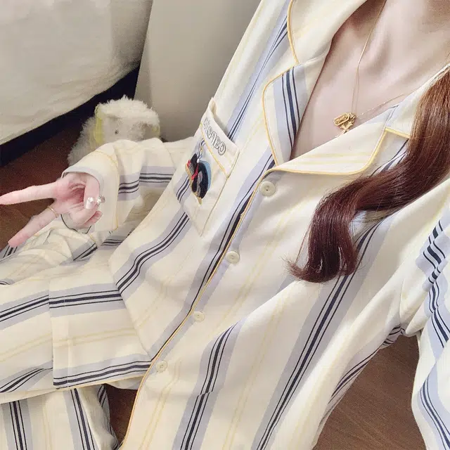 静英鸾 简约休闲时尚条纹甜美可爱卡通企鹅家居服睡衣套装 女款