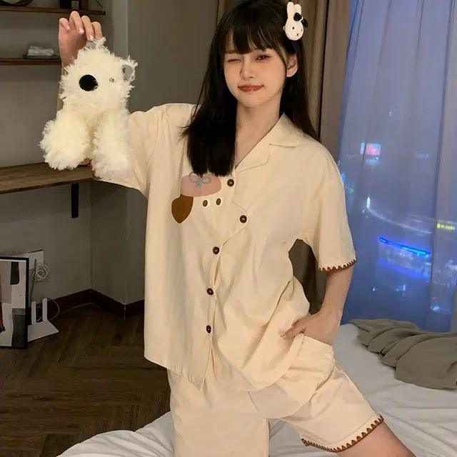 静英鸾 休闲亲肤透气卡通小狗短袖翻领可外穿家居服睡衣套装 女款