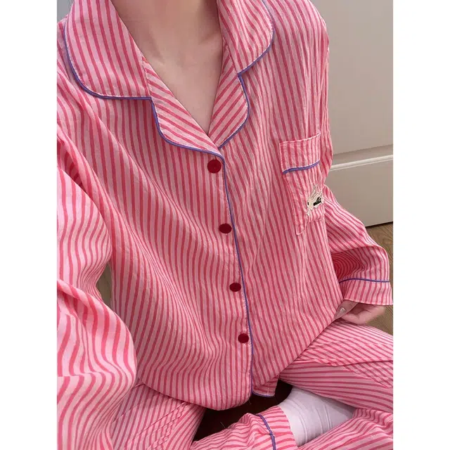 静英鸾 简约粉条纹小兔休闲风格舒适长袖家居服睡衣套装 女款