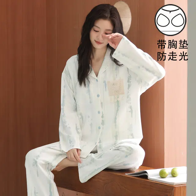 静英鸾 带胸垫翻领休闲甜美可爱时尚简约清新绿亲肤舒适家居服睡衣套装 女款