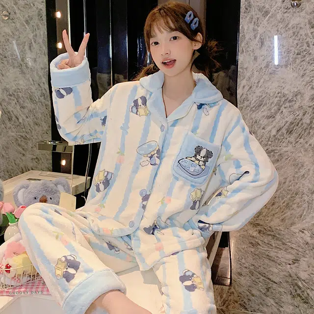 静英鸾 翻领简约休闲时尚甜美可爱卡通小狗法兰绒亲肤柔软舒适可外穿家居服睡衣套装 女款
