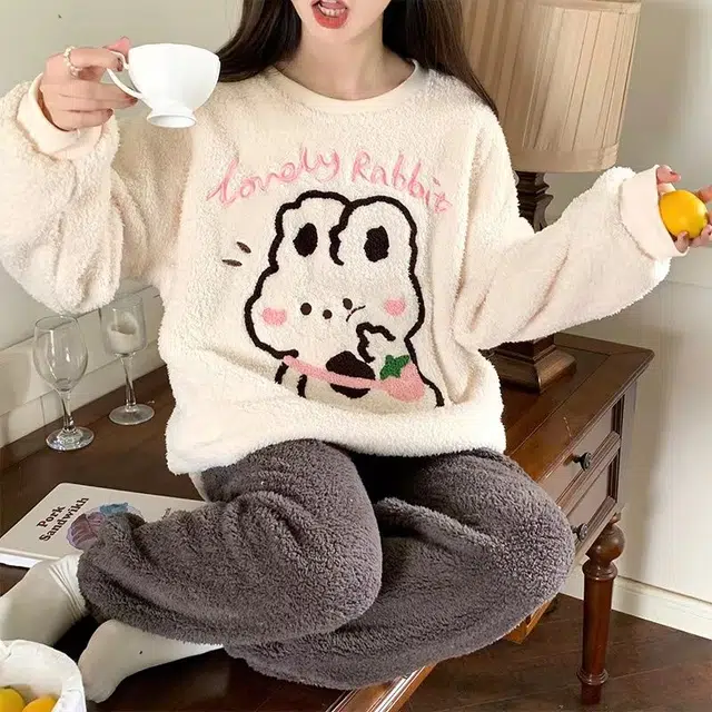 静英鸾 半边绒加厚保暖卡通甜美兔子圆领长袖长裤休闲家居服秋冬季睡衣套装 女款