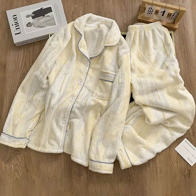 静英鸾 翻领时尚简约风珊瑚绒加绒加厚保暖休闲舒适家居服睡衣套装 女款