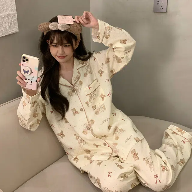 静英鸾 棉质长袖长裤翻领开衫可爱卡通小熊休闲两件套家居服秋冬季睡衣套装 女款