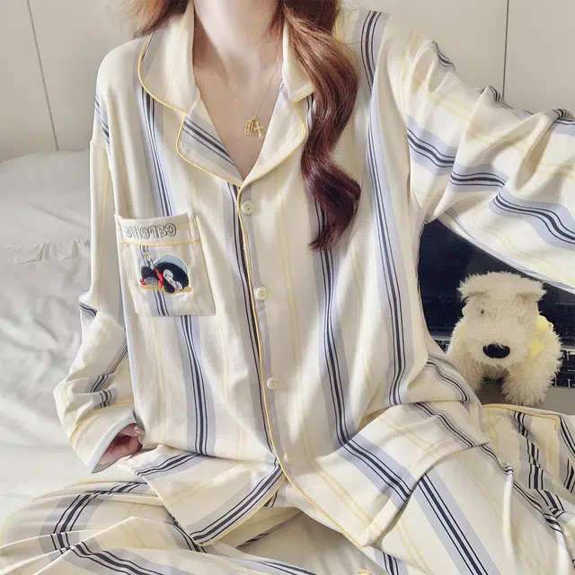 静英鸾 简约休闲时尚条纹甜美可爱卡通企鹅家居服睡衣套装 女款
