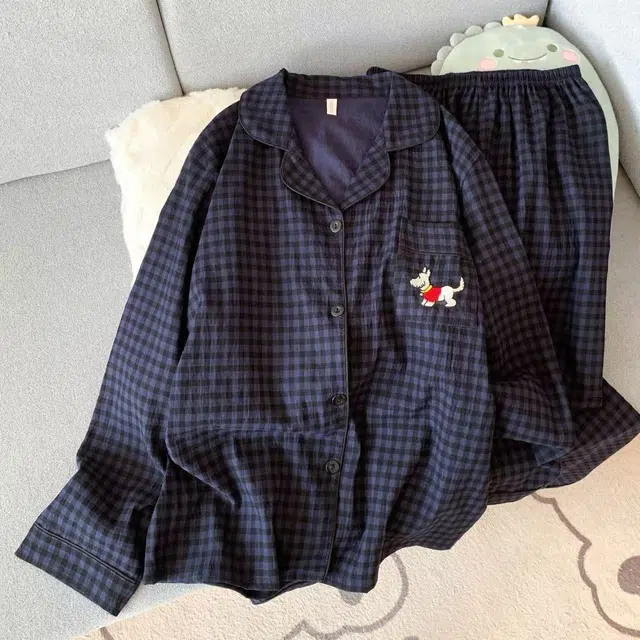 静英鸾 简约格子休闲卡通小狗图案长袖长裤可外穿家居服睡衣礼盒 女款