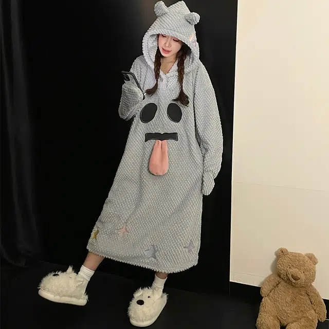 静英鸾 休闲时尚简约灰甜美可爱卡通柔软保暖舒适可外穿家居服睡裙 女款