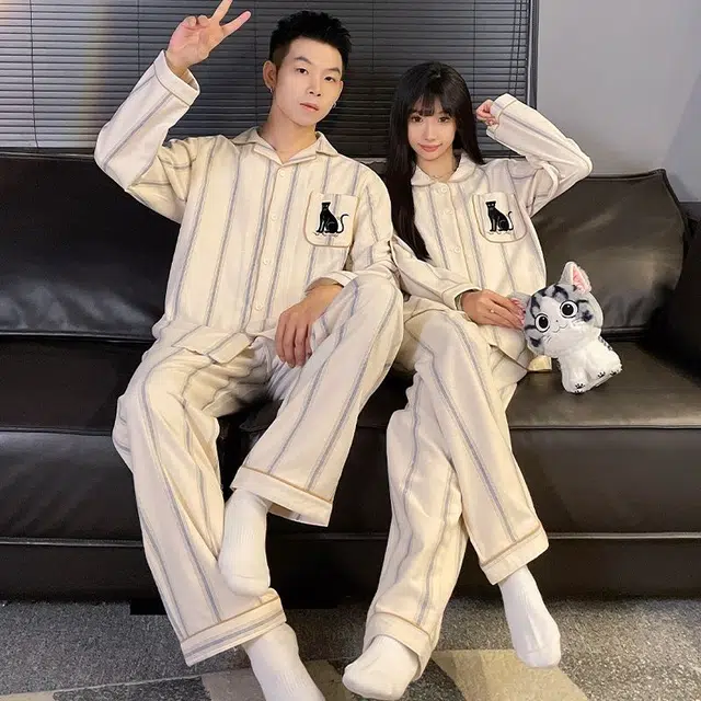 静英鸾 翻领条纹卡通动物甜美风休闲舒适家居服睡衣套装 男女同款