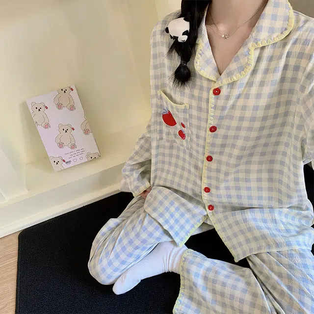 静英鸾 云朵棉长袖长裤翻领开衫纯色格子苹果两件套家居服秋冬季睡衣套装 女款