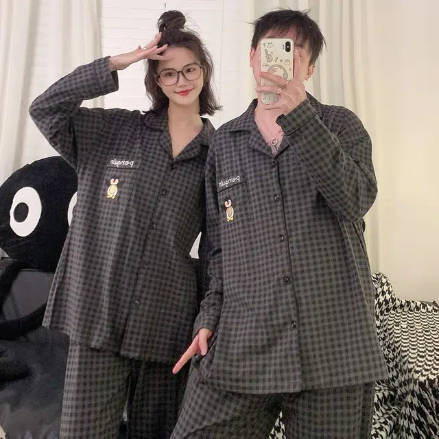 静英鸾 卡通企鹅格子甜美风休闲舒适家居服睡衣套装 男女同款