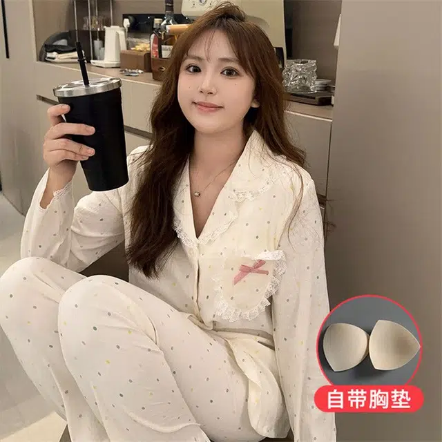 静英鸾  圆点蝴蝶结翻领甜美风休闲舒适家居服睡衣礼盒 女款