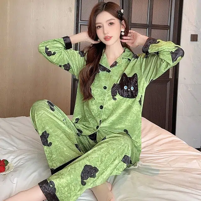 静英鸾 金丝绒加厚保暖翻领开衫卡通小猫长袖长裤休闲家居服秋冬季睡衣套装 女款