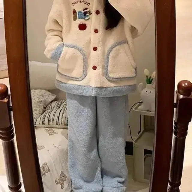 静英鸾 珊瑚绒保暖加绒加厚卡通腊肠狗甜美翻领开衫长袖长裤休闲家居服睡衣套装 女款