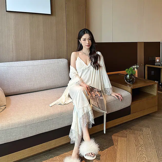 静英鸾 金丝绒长袖睡袍吊带长裤纯色休闲花边性感家居服秋冬季睡衣套装 女款