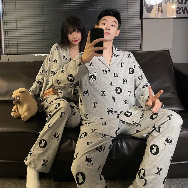 静英鸾 纯棉卡通可爱小狗字母翻领开衫长袖长裤休闲家居服秋冬季睡衣套装 男女同款