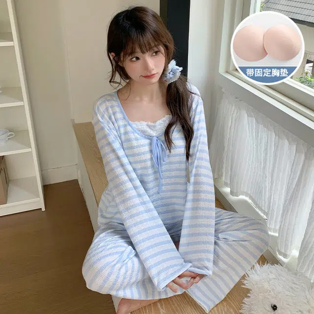 静英鸾 长袖长裤圆领套头简约甜美条纹休闲家居服秋冬季睡衣套装 女款