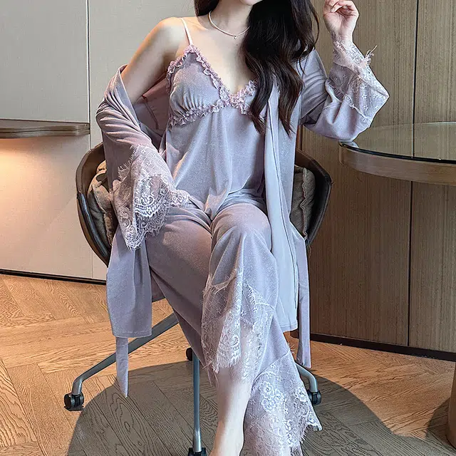 静英鸾 金丝绒长袖睡袍吊带长裤纯色花边性感休闲家居服秋冬季睡衣套装 女款
