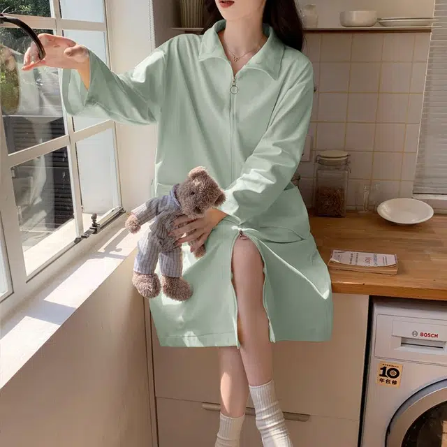 静英鸾 德绒长袖长裙翻领拉链纯色简约舒适家居服秋冬季保暖套装 女款
