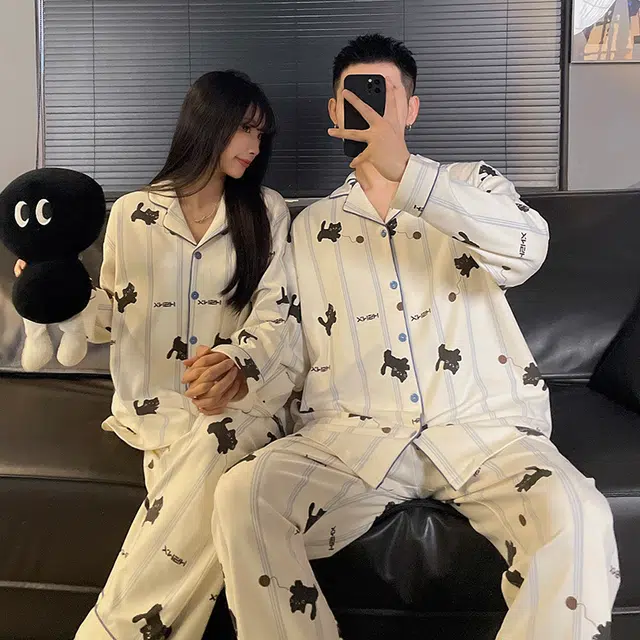 静英鸾  秋季翻领条纹卡通小狗甜美风休闲舒适家居服睡衣礼盒 男女同款