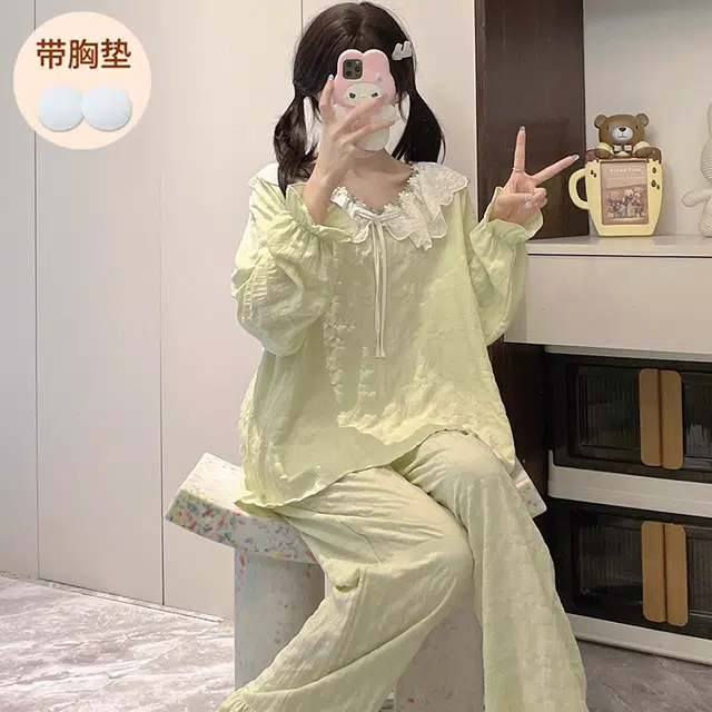 静英鸾 带胸垫简约花边甜美可爱小清新亲肤舒适可外穿家居服睡衣套装 女款