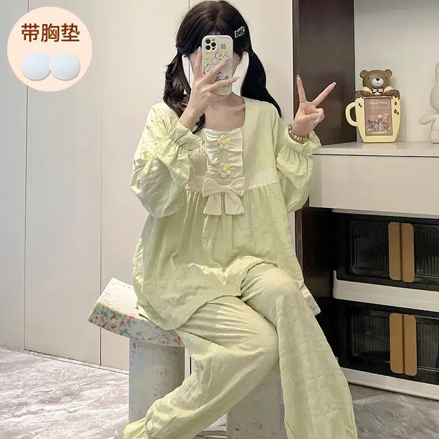 静英鸾 带胸垫简约甜美可爱小清新亲肤舒适可外穿家居服睡衣套装 女款