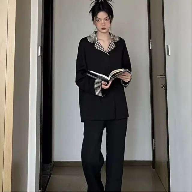 静英鸾 格子翻领长袖舒适可外穿高级感家居服睡衣套装 女款