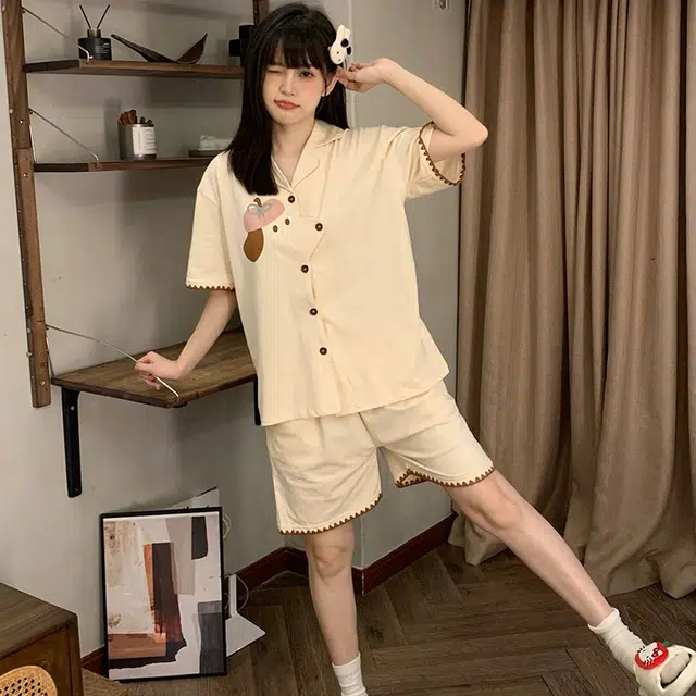 静英鸾 休闲亲肤透气卡通小狗短袖翻领可外穿家居服睡衣套装 女款