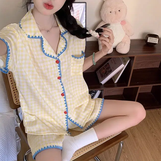 静英鸾 翻领格子甜美风休闲舒适家居服睡衣套装 女款